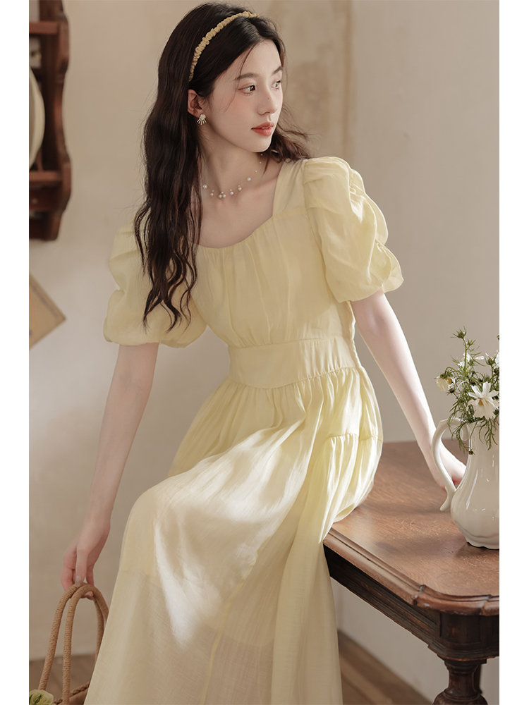 beige-puff-sleeve-dress-women-summer-new-high-end-tea-break-french-gentle-style-waist-cinched-a-line-dress