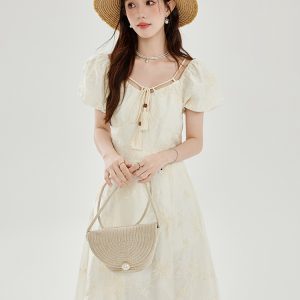 Women's Puff Sleeve Dress Summer Petite Waist-Slimming Elegant White Jacquard Tea Dress Heavy Embroidery Long Dress