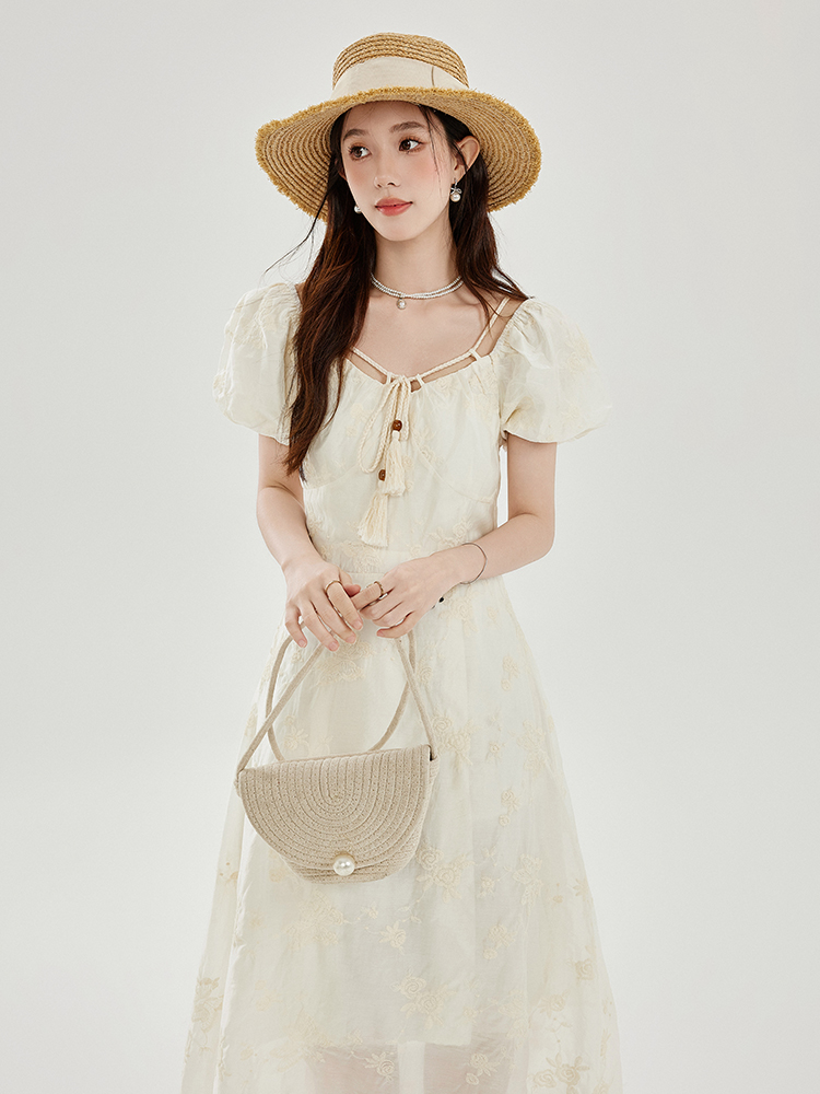 womens-puff-sleeve-dress-summer-petite-waist-slimming-elegant-white-jacquard-tea-dress-heavy-embroidery-long-dress