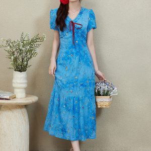 Embroidered Tie-Dye Tencel Dress Women 2026 Summer V-Neck Floral Long Dress