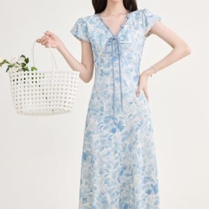 Summer Vacation A-Line Blue Print French Short Sleeve Dress