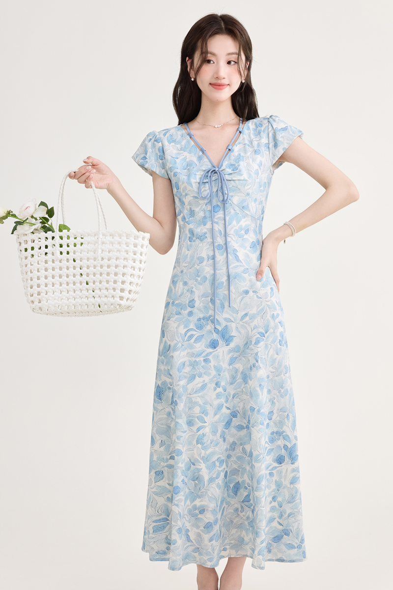 summer-vacation-a-line-blue-print-french-short-sleeve-dress