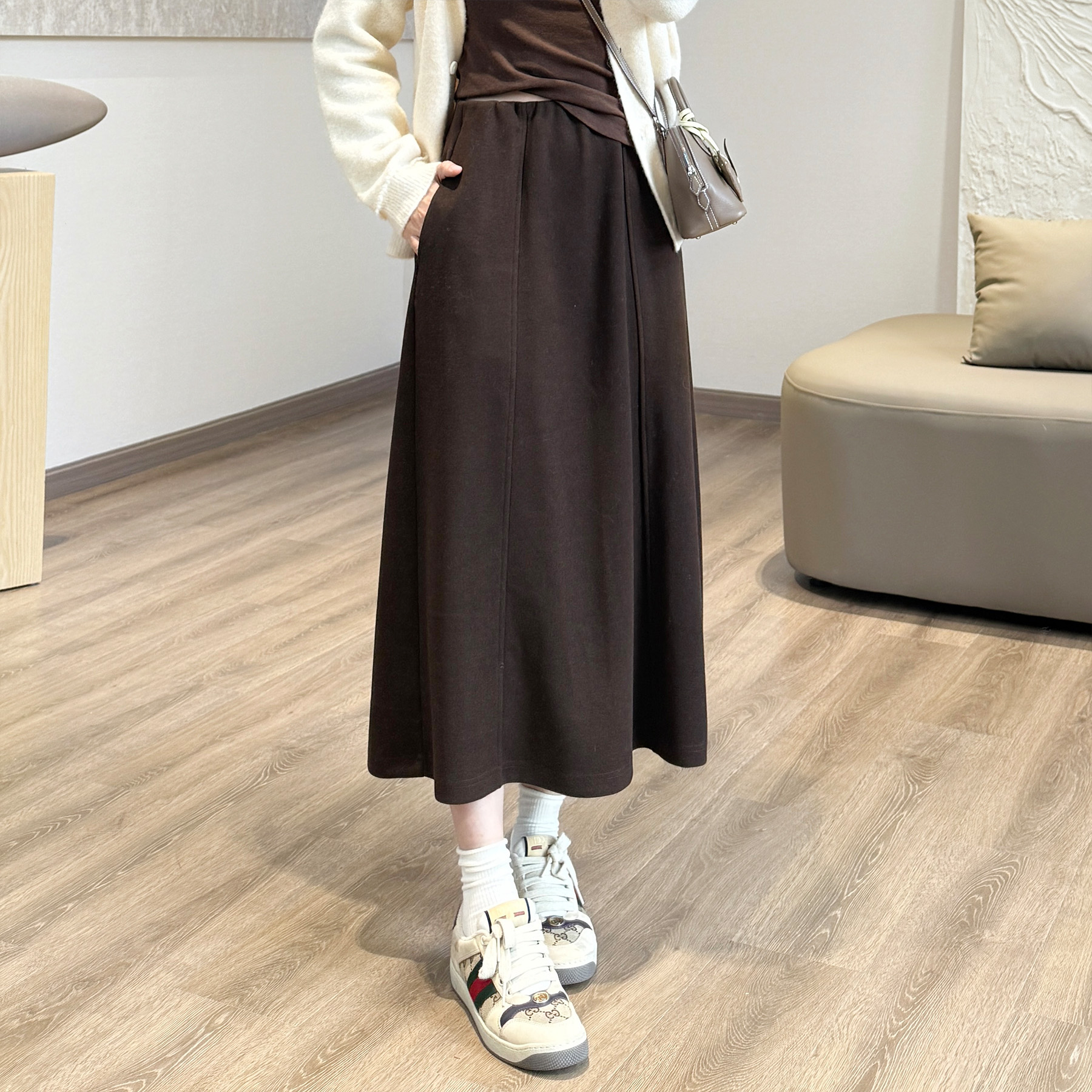 Women's A-Line Midi Skirt with Pockets Elastic Waist Wool Blend Casual Fall Winter - Image 4