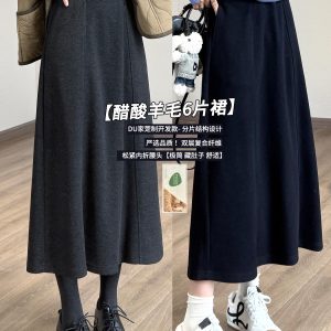 Women's A-Line Midi Skirt with Pockets Elastic Waist Wool Blend Casual Fall Winter