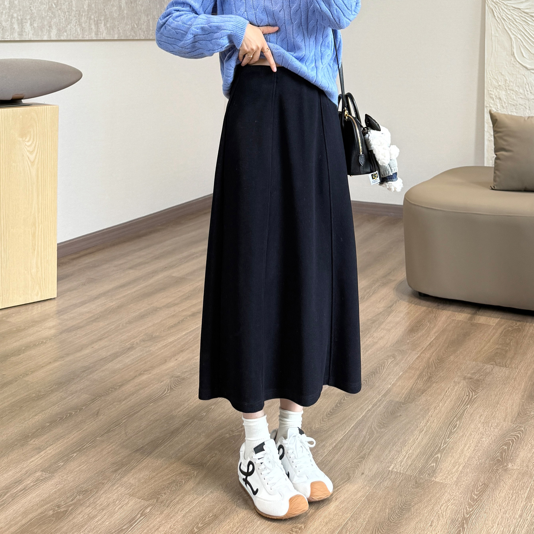Women's A-Line Midi Skirt with Pockets Elastic Waist Wool Blend Casual Fall Winter - Image 2
