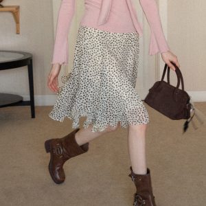 French Style Ruffle Flowy Polka Dot A-Line Midi Skirt for Women Spring High Waist Slimming