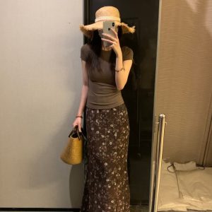 Vintage High-End Chiffon Floral Midi Skirt for Women Spring Summer Print Textured Flowy Long Skirt