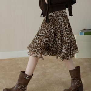 Brown Leopard Print A-Line Midi Skirt for Women High Waist Ruffle