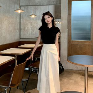 Petite High Waist Pleated Asymmetrical A-Line Long Skirt for Women Summer Slimming
