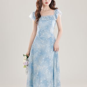 Summer French V-Neck Short Sleeve Watercolor Blue A-Line Midi Dress