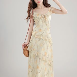 Women Summer 2026 A-Line Midi Dress with Flying Sleeves Ruffle High Waist Slimming Print V-Neck