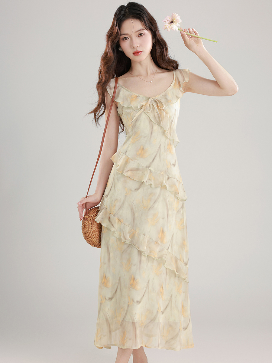 women-summer-2026-a-line-midi-dress-with-flying-sleeves-ruffle-high-waist-slimming-print-v-neck