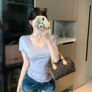 Pure White V-Neck Cinched Waist Short Sleeve T-Shirt Women High Stretch Summer Top