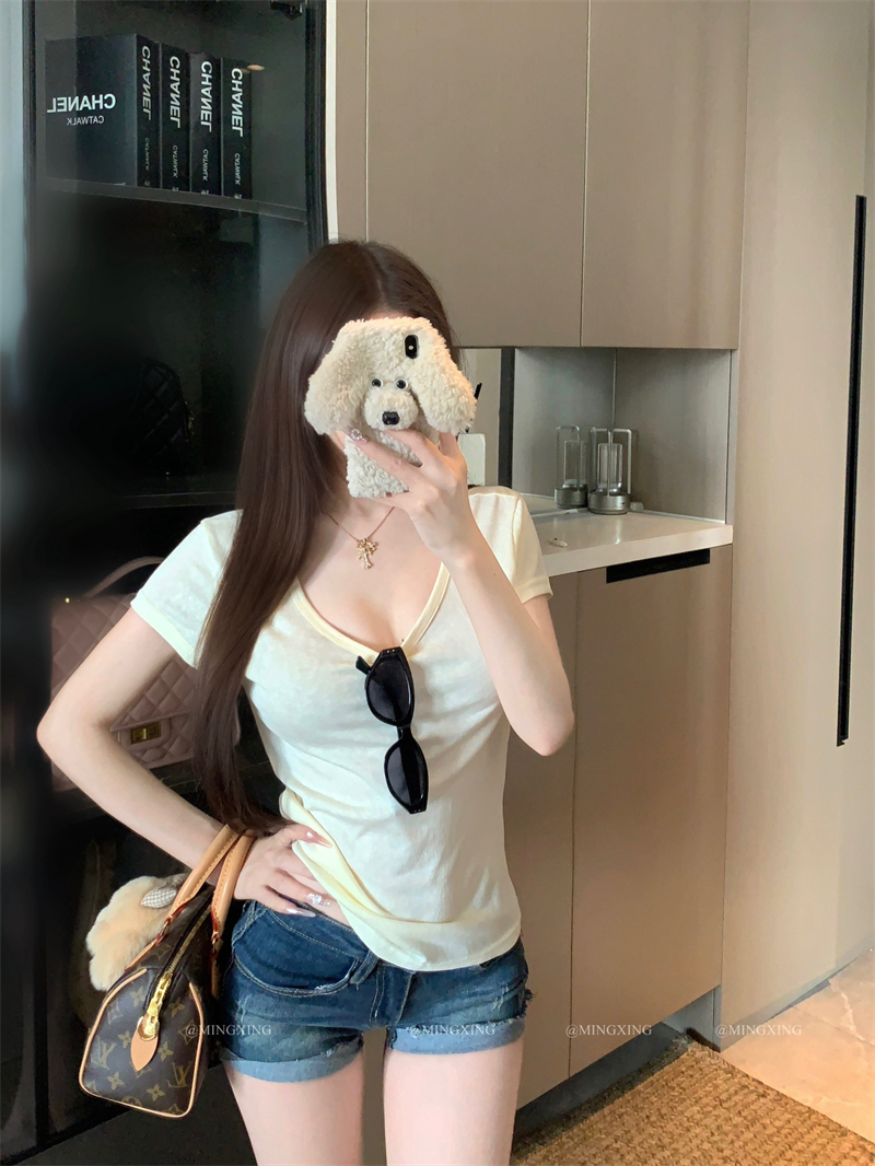 Pure White V-Neck Cinched Waist Short Sleeve T-Shirt Women High Stretch Summer Top - Image 2