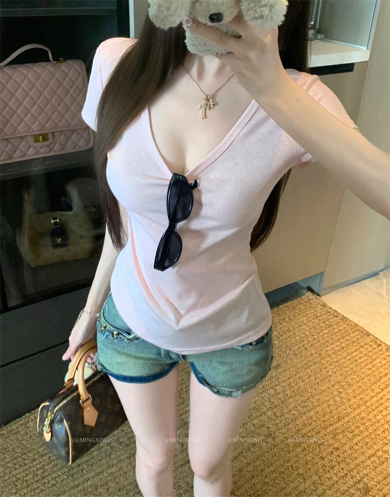 Pure White V-Neck Cinched Waist Short Sleeve T-Shirt Women High Stretch Summer Top - Image 3