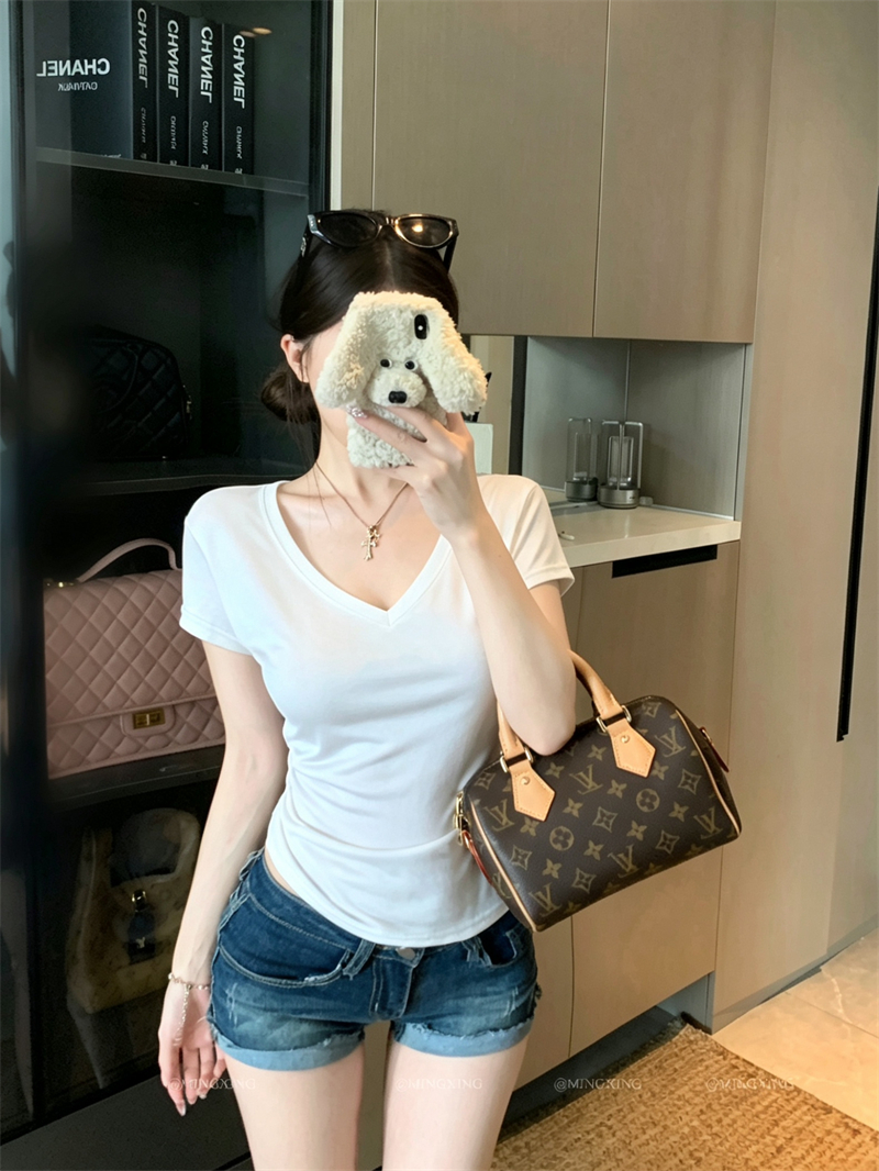 Pure White V-Neck Cinched Waist Short Sleeve T-Shirt Women High Stretch Summer Top - Image 4