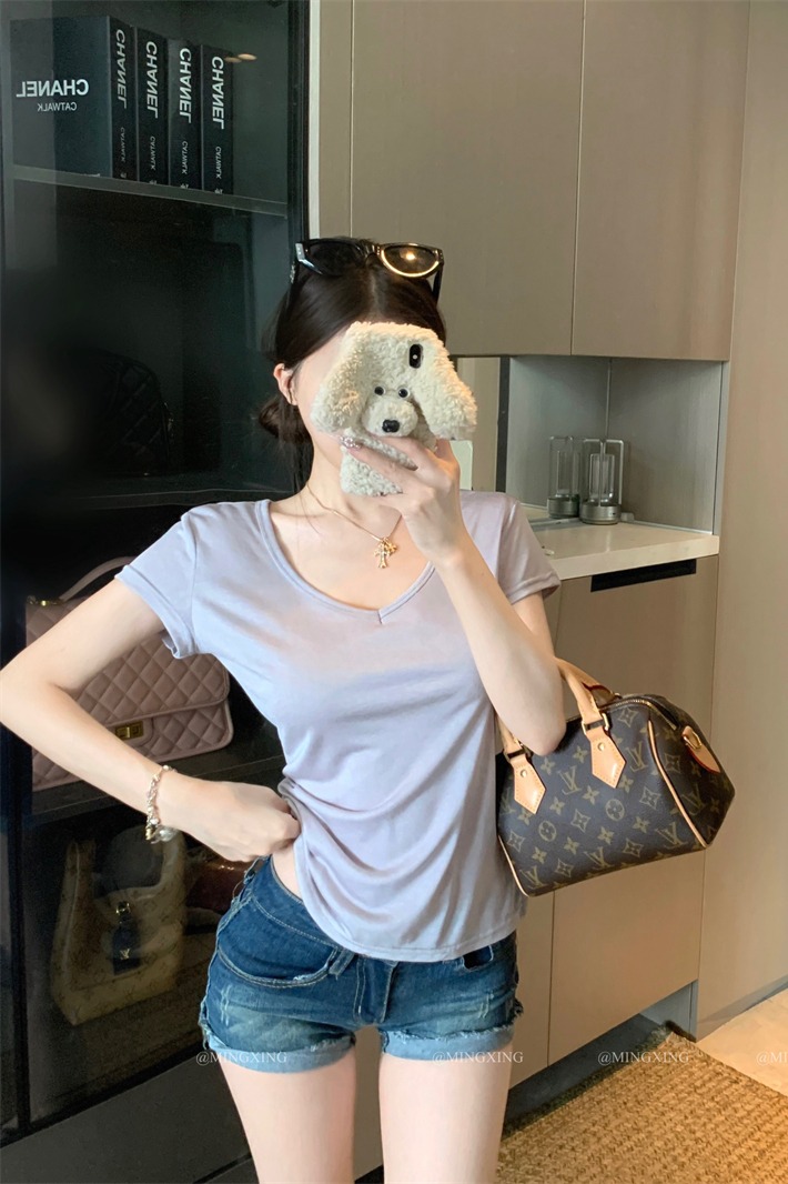Pure White V-Neck Cinched Waist Short Sleeve T-Shirt Women High Stretch Summer Top - Image 5