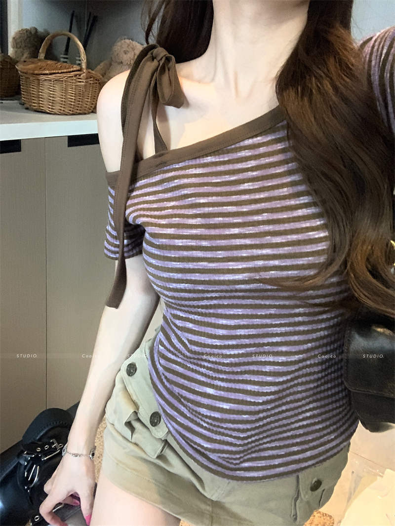 Women's Striped One-Shoulder Short Sleeve T-Shirt Summer Slim Korean Off-Shoulder Unique Hot Girl Top - Image 4