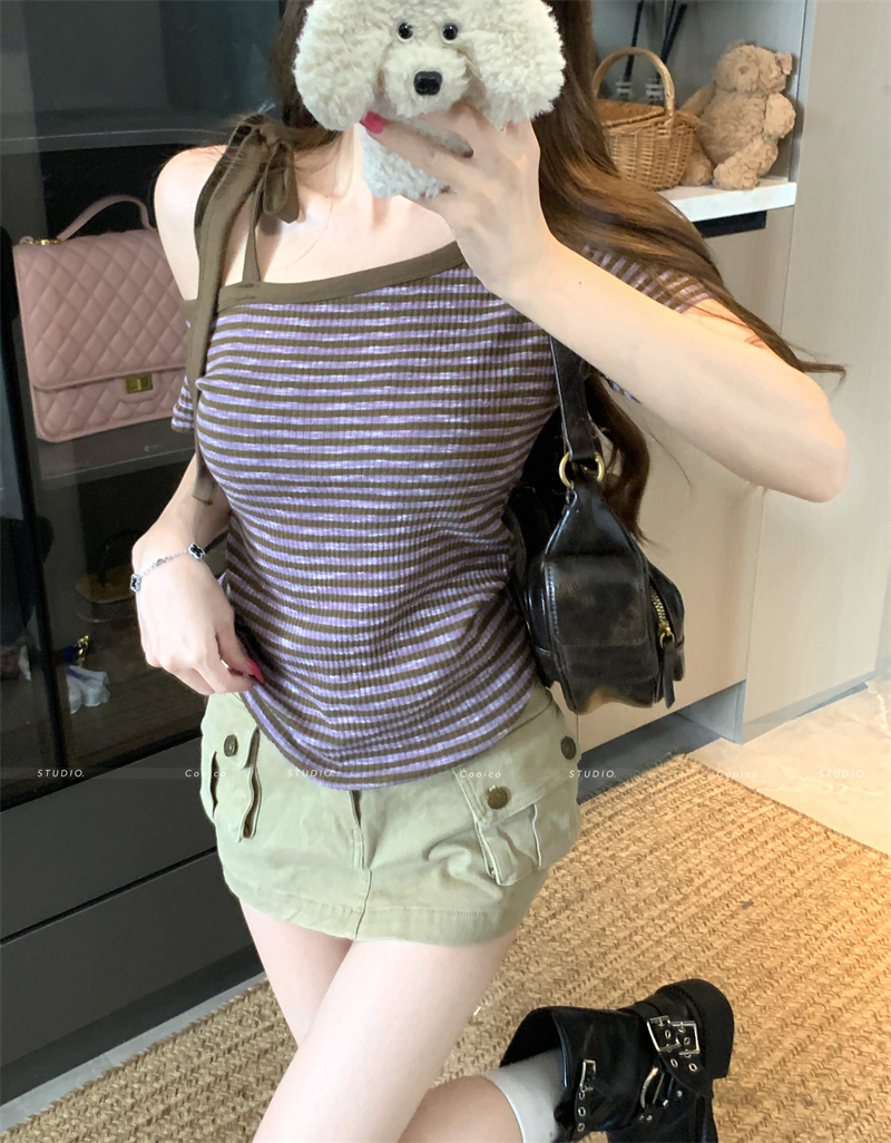 Women's Striped One-Shoulder Short Sleeve T-Shirt Summer Slim Korean Off-Shoulder Unique Hot Girl Top - Image 2