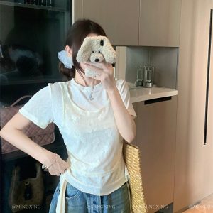 Women's Faux Two-Piece Short Sleeve T-Shirt