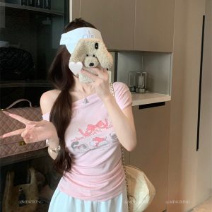 Women's Printed Two-Way Off-Shoulder Cowl Neck Short Sleeve T-Shirt 2026 Summer