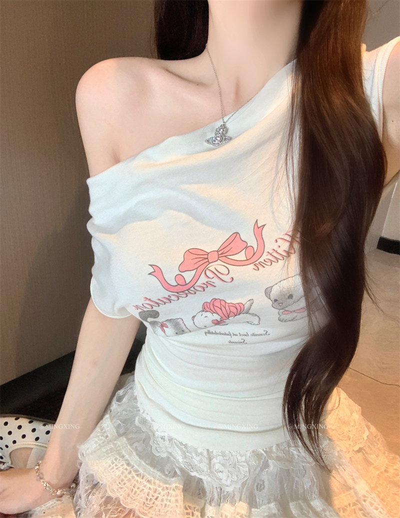 Women's Printed Two-Way Off-Shoulder Cowl Neck Short Sleeve T-Shirt 2026 Summer - Image 2