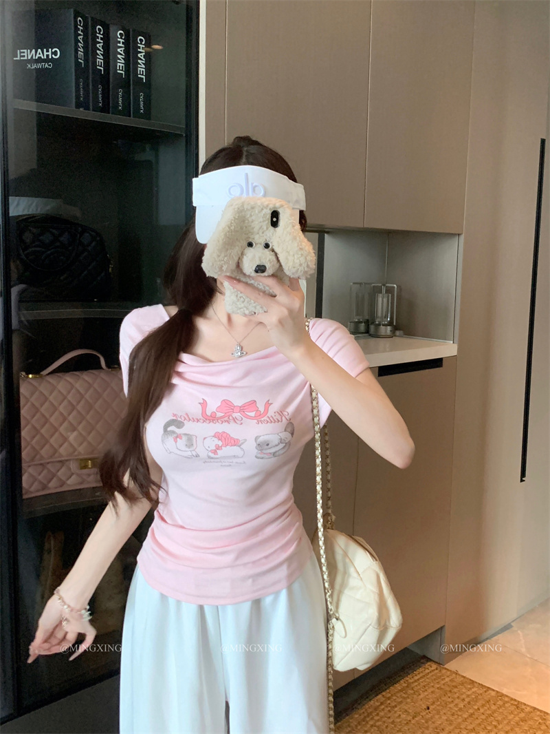 Women's Printed Two-Way Off-Shoulder Cowl Neck Short Sleeve T-Shirt 2026 Summer - Image 3