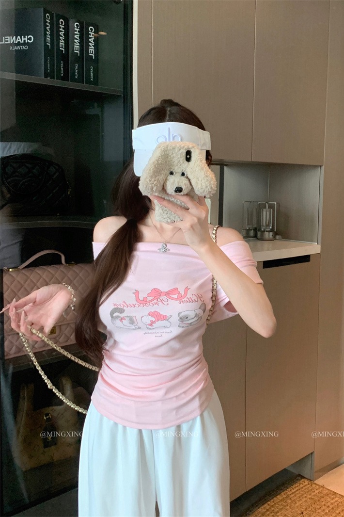 Women's Printed Two-Way Off-Shoulder Cowl Neck Short Sleeve T-Shirt 2026 Summer - Image 5