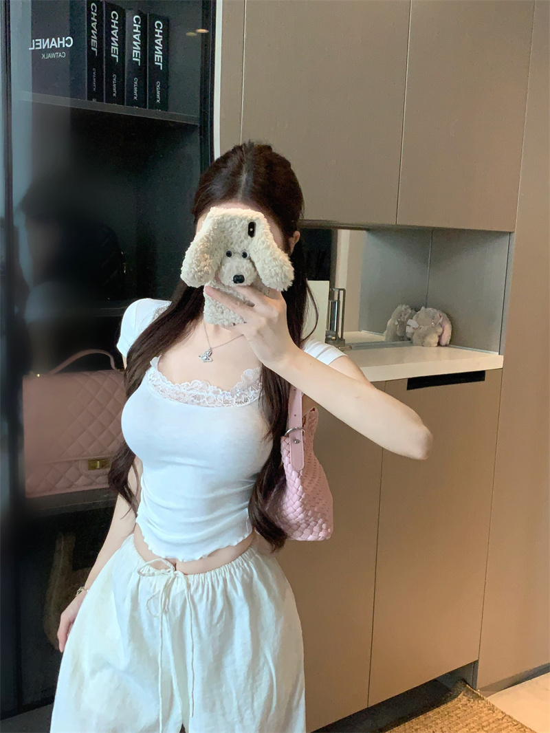 Women's U-Neck Lace Trim Short Sleeve Slim Fit T-Shirt - Image 2