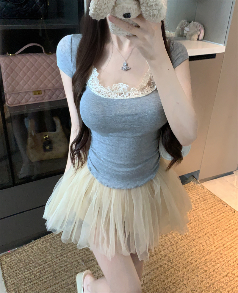 Women's U-Neck Lace Trim Short Sleeve Slim Fit T-Shirt - Image 4