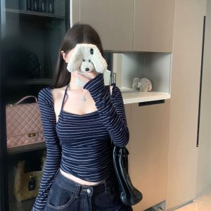 Blue and White Striped Knit Cami and Cardigan Two-Piece Set for Women Summer Top