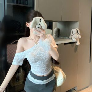 Women's One-Shoulder Lace Slim Short-Sleeve Top
