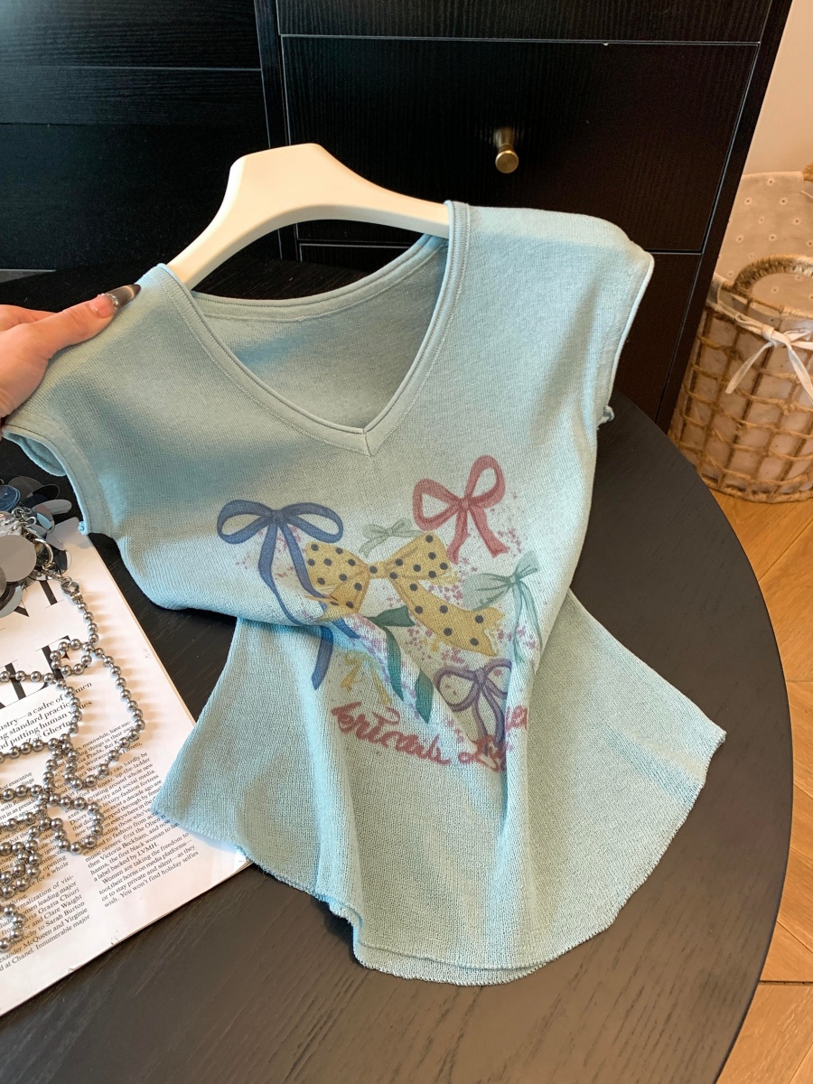 Colorful Bow Print V-Neck Knit Top for Women 2026 Summer Cap Sleeve Slimming Sweet Shirt - Image 3