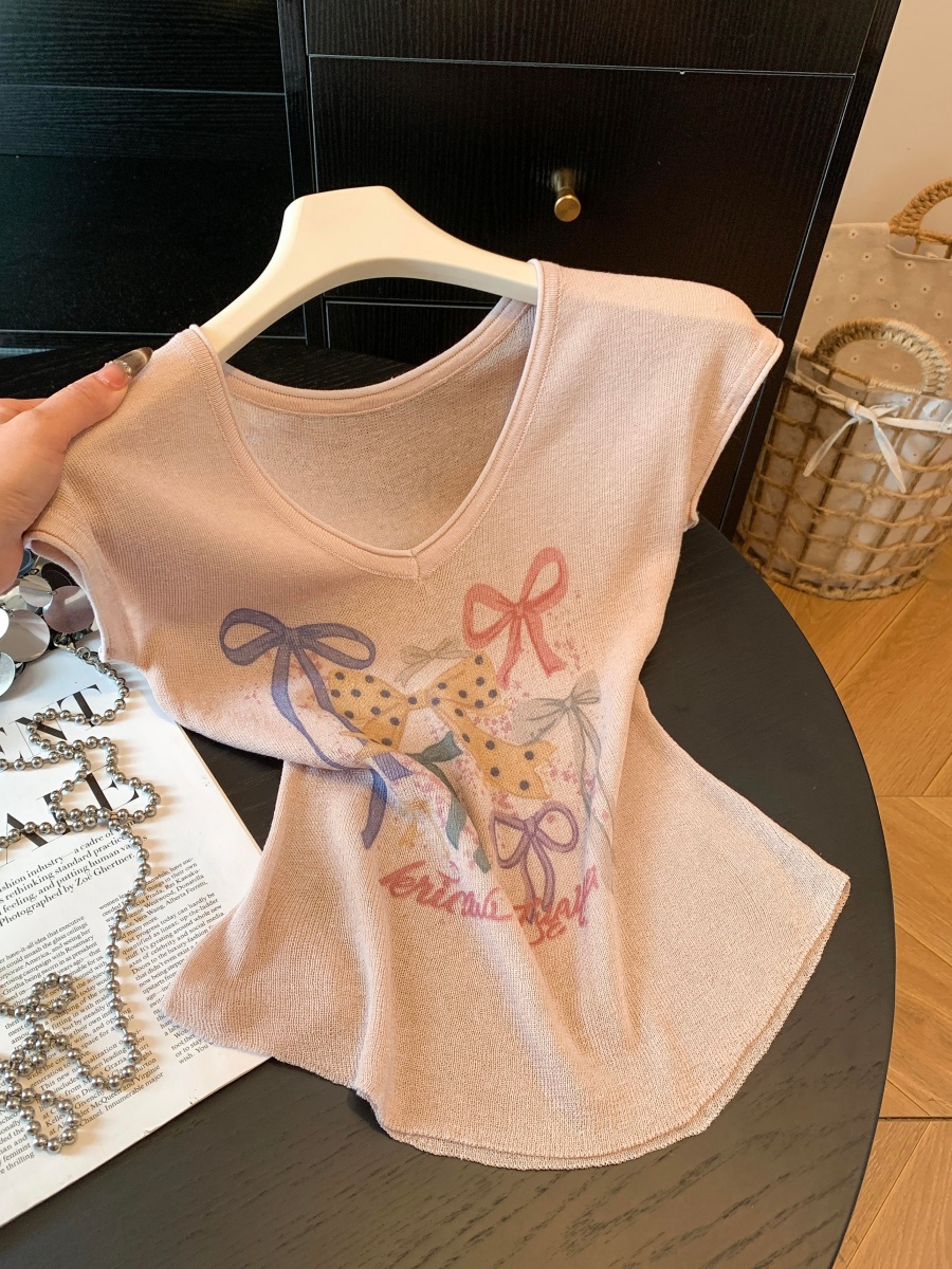 Colorful Bow Print V-Neck Knit Top for Women 2026 Summer Cap Sleeve Slimming Sweet Shirt - Image 2