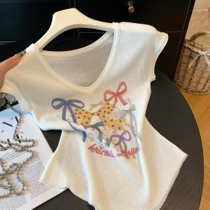 Colorful Bow Print V-Neck Knit Top for Women 2026 Summer Cap Sleeve Slimming Sweet Shirt