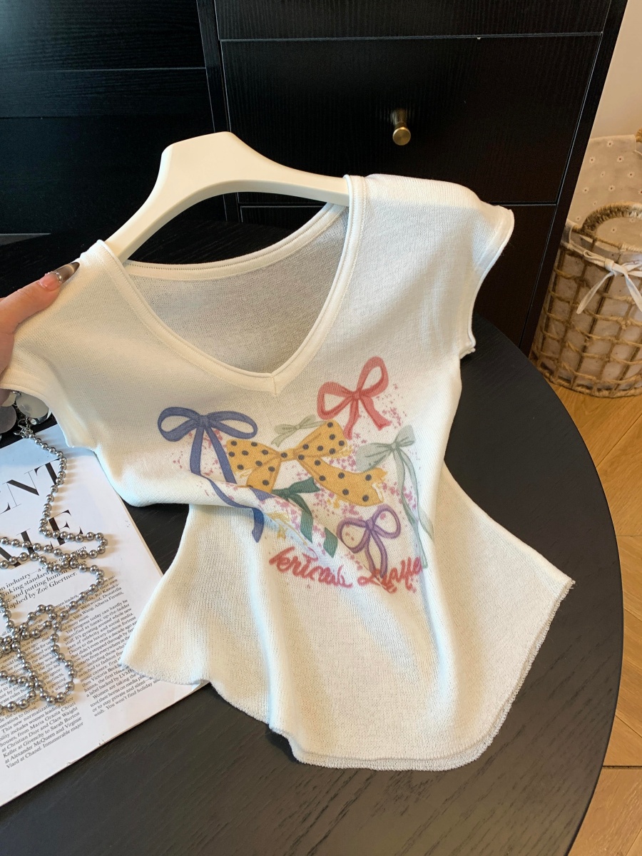 colorful-bow-print-v-neck-knit-top-for-women-2026-summer-cap-sleeve-slimming-sweet-shirt