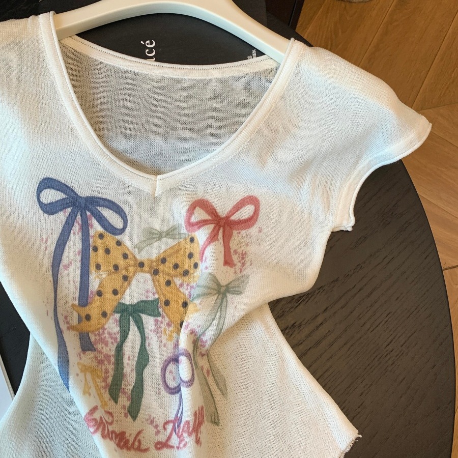 Colorful Bow Print V-Neck Knit Top for Women 2026 Summer Cap Sleeve Slimming Sweet Shirt - Image 5