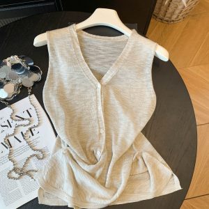 Old Money Light Luxury V-Neck Sleeveless Knit Vest Women Thin Summer Single-Breasted Slimming Elegant Outerwear Top