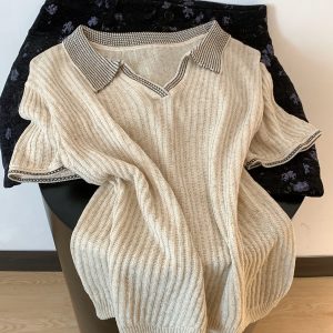 Old Money Style Polo Collar Knit Short Sleeve T-Shirt for Women Summer Loose Slimming Design