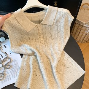 Old Money Hollow Out Polo Neck Knit Vest Women Summer Loose Slimming Sleeveless Tank Top