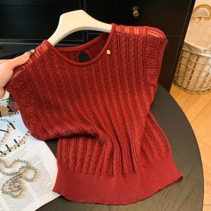 Korean Style Open Knit Top with Petal Sleeves Women Summer Round Neck Slimming Backless Versatile Shirt