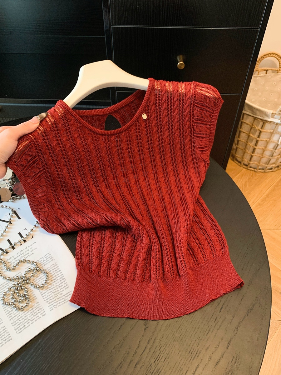 korean-style-open-knit-top-with-petal-sleeves-women-summer-round-neck-slimming-backless-versatile-shirt