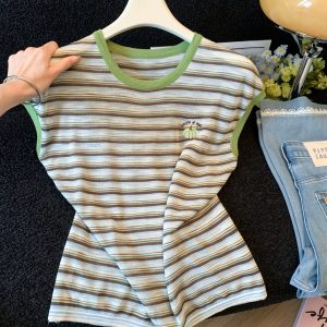 Korean Style Striped Knit T-Shirt for Women 2026 Summer Loose Slimming Short Sleeve Top