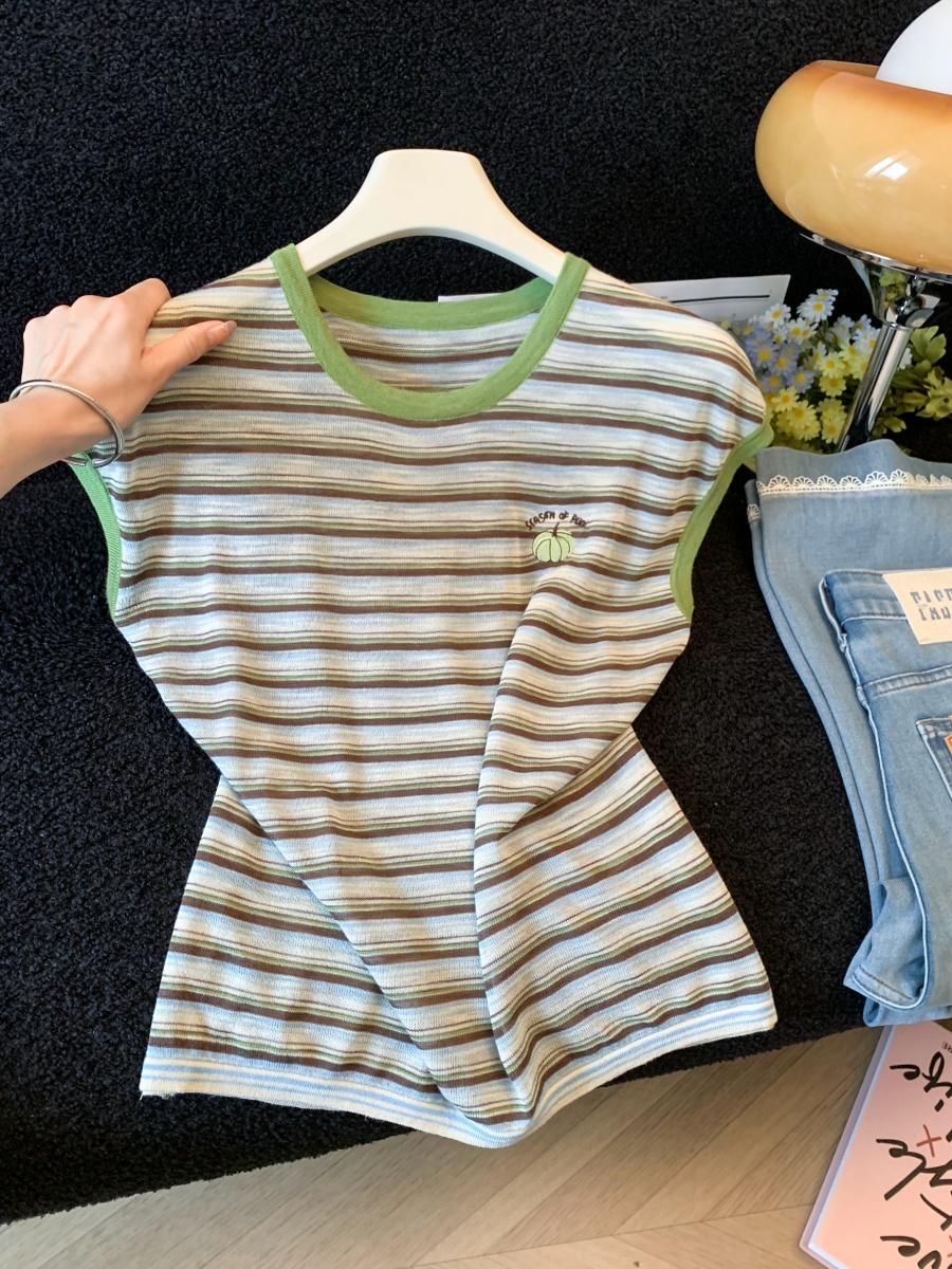 korean-style-striped-knit-t-shirt-for-women-2026-summer-loose-slimming-short-sleeve-top