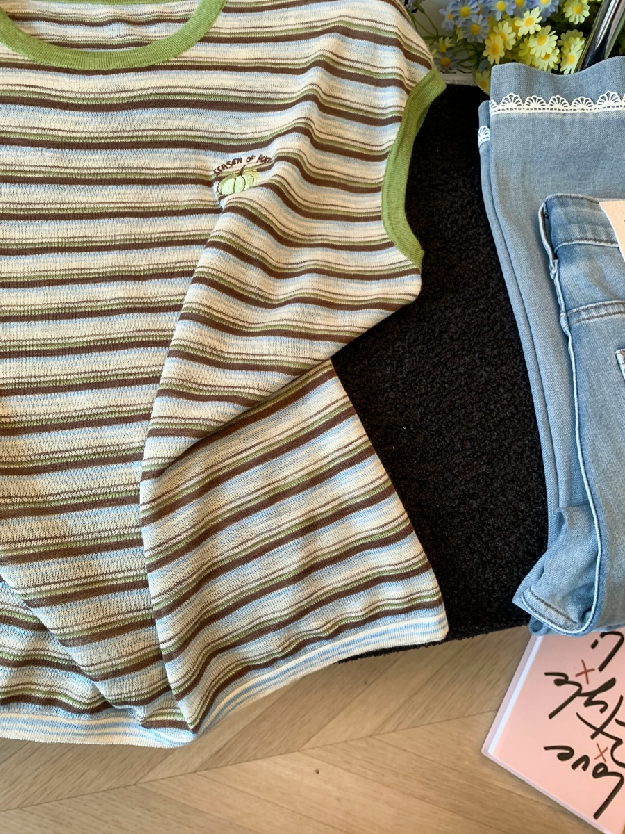 Korean Style Striped Knit T-Shirt for Women 2026 Summer Loose Slimming Short Sleeve Top - Image 4