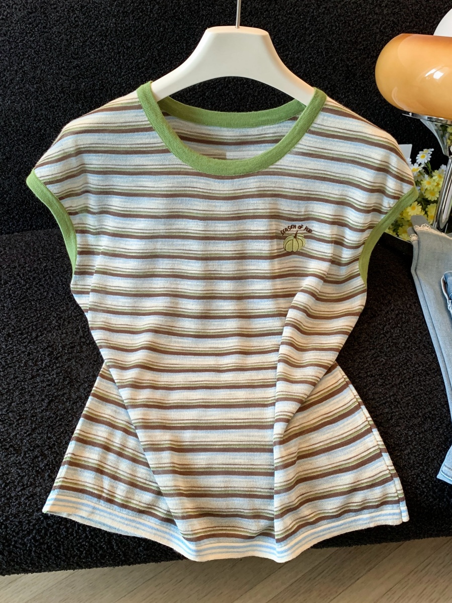 Korean Style Striped Knit T-Shirt for Women 2026 Summer Loose Slimming Short Sleeve Top - Image 3