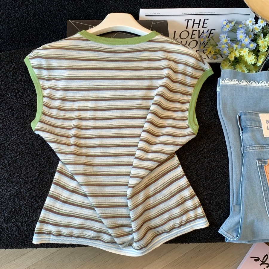 Korean Style Striped Knit T-Shirt for Women 2026 Summer Loose Slimming Short Sleeve Top - Image 5