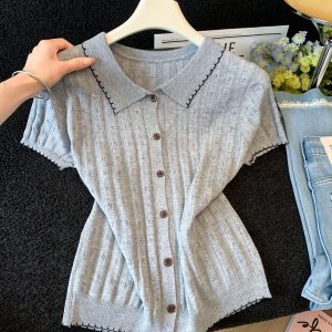 Korean Light Gray Polo Collar Short Sleeve Openwork Knit Cardigan T-Shirt Women 2026 Summer New Top