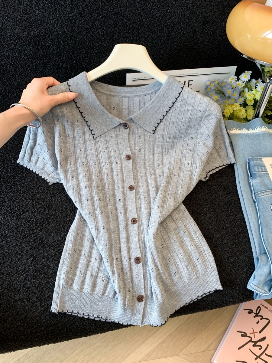 korean-light-gray-polo-collar-short-sleeve-openwork-knit-cardigan-t-shirt-women-2026-summer-new-top
