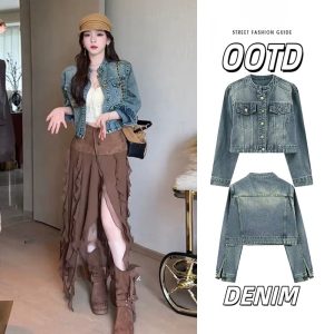 Women's Retro Cropped Denim Jacket with Stand Collar